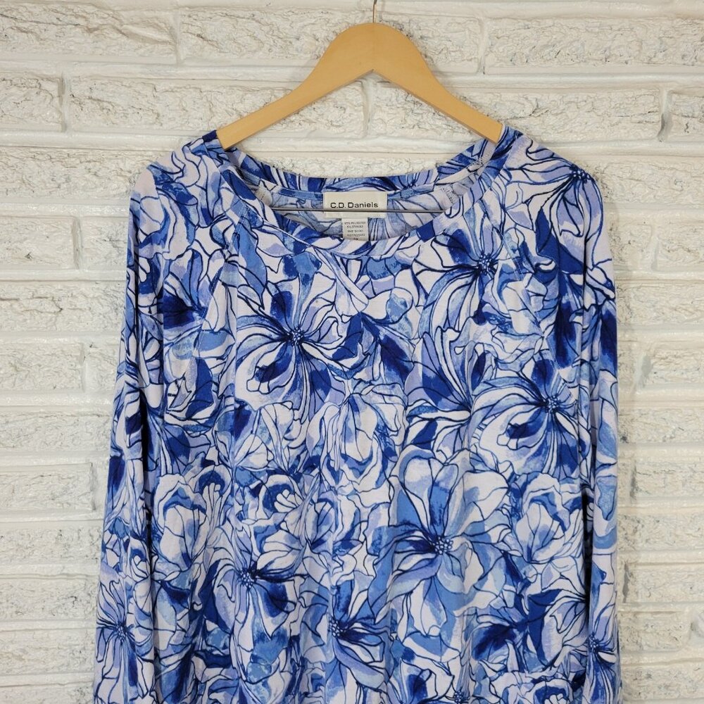CD Daniels Womens Top 3X Plus Tunic Long Sleeve Blue Floral Poly Blend FLO271E - Picture 3 of 9
